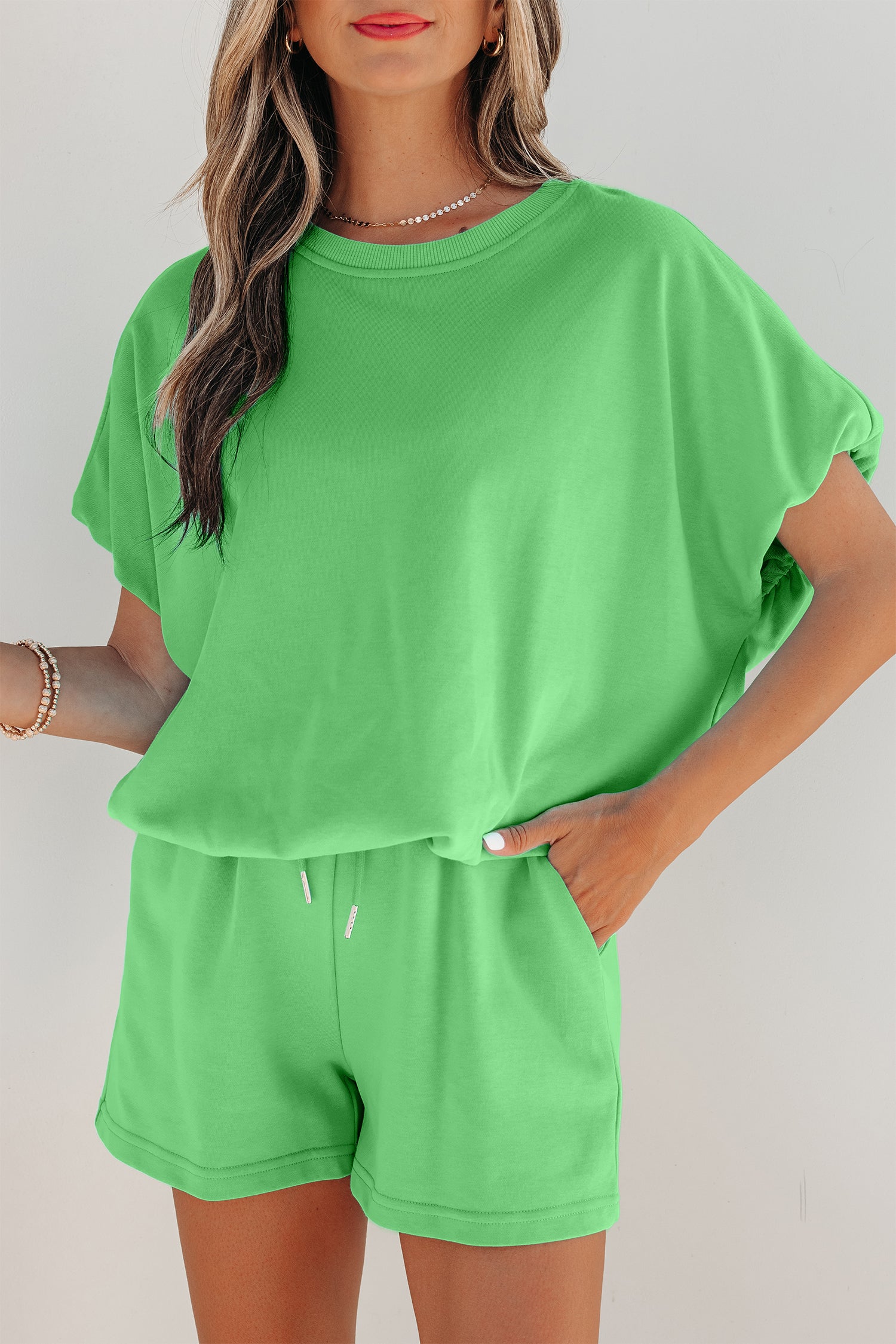 Light Blue Solid Color Puffy Loose Top Drawstring Shorts 2pcs Outfit