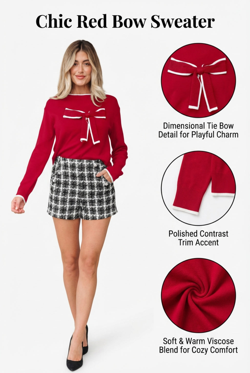 Black Contrast Trim Big Bow Accent Holiday Cropped Sweater