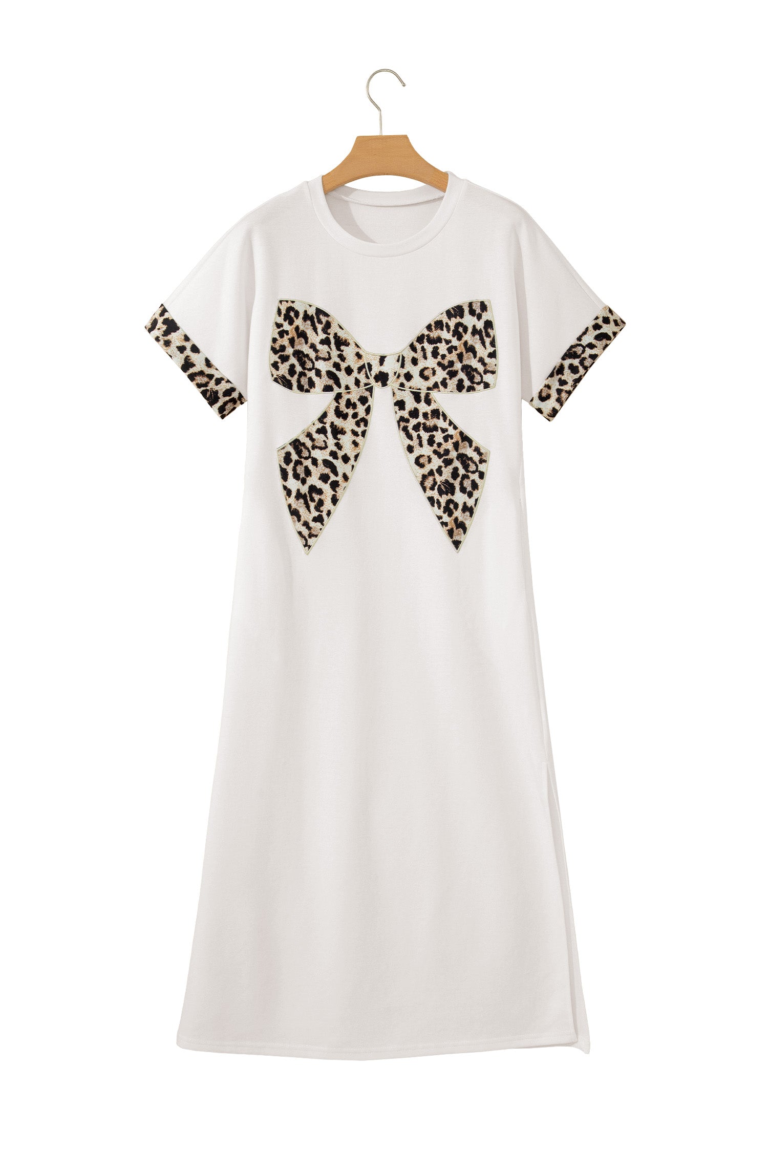 Dark Grey Contrast Leopard Bow Patched Short Sleeve T Shirt Long Dress