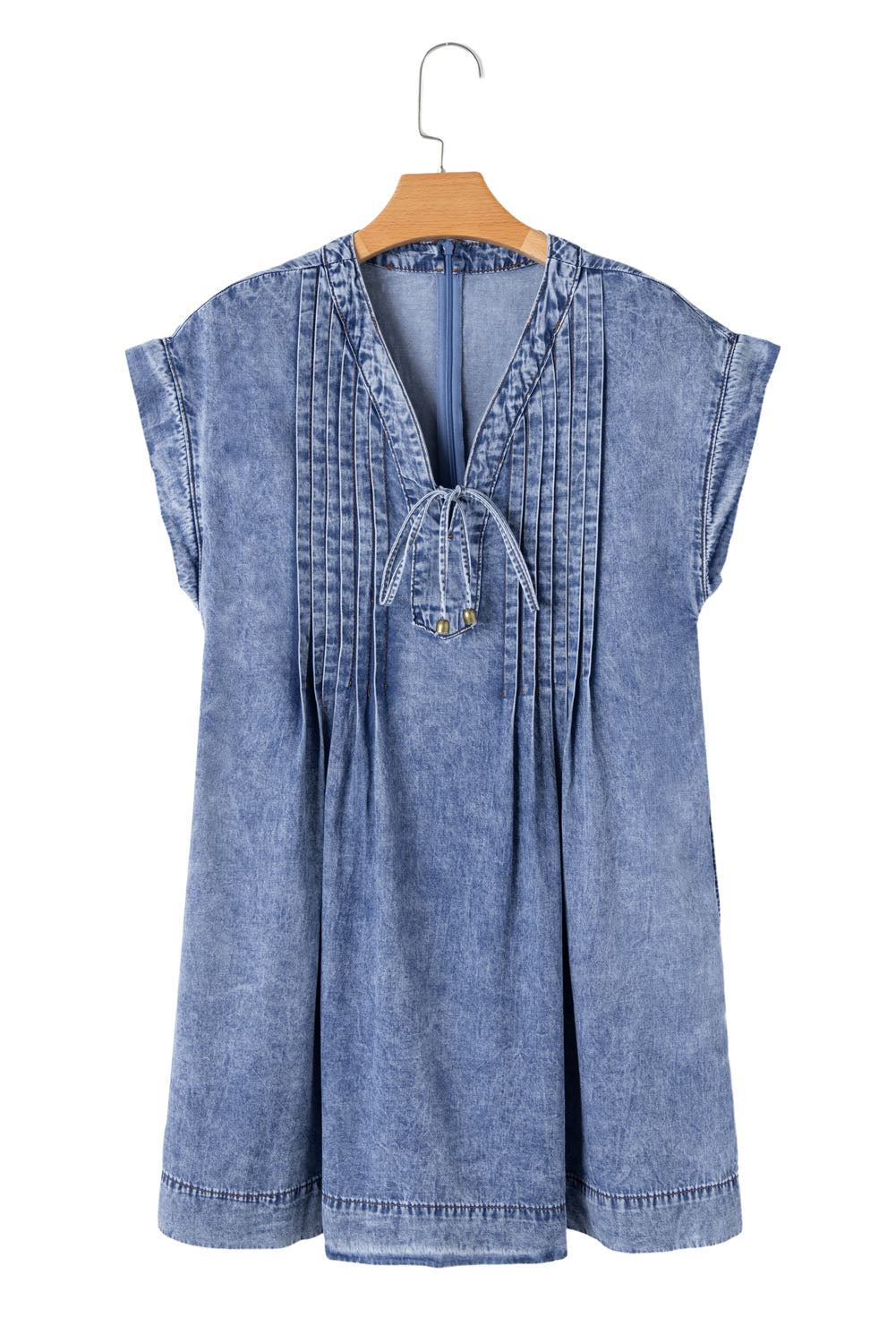 Beau Blue Tie V Neck Tucking Detail Short Sleeve Denim Shift Dress