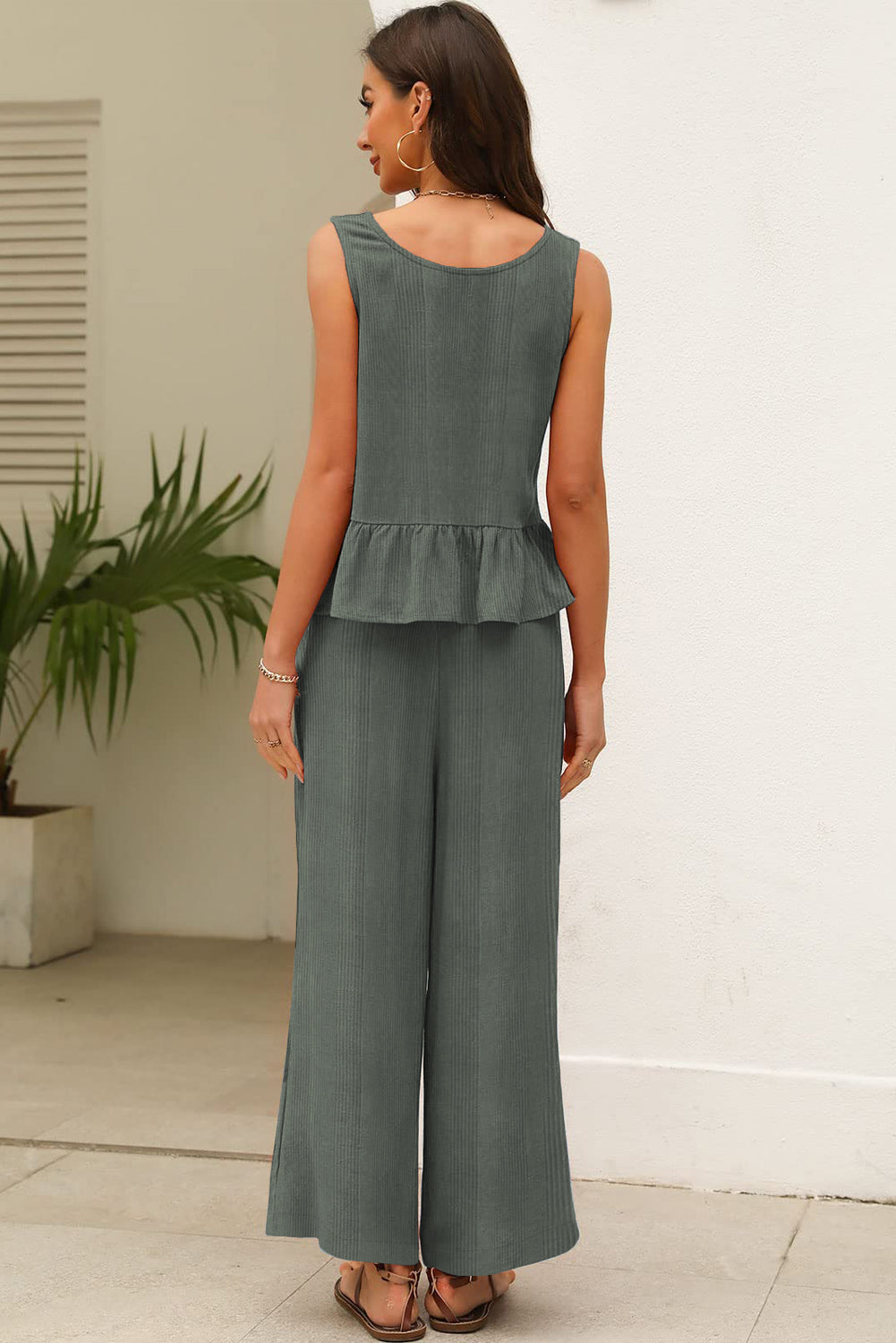 Green Solid Color Ribbed Ruffle Tank Top and Pants Set