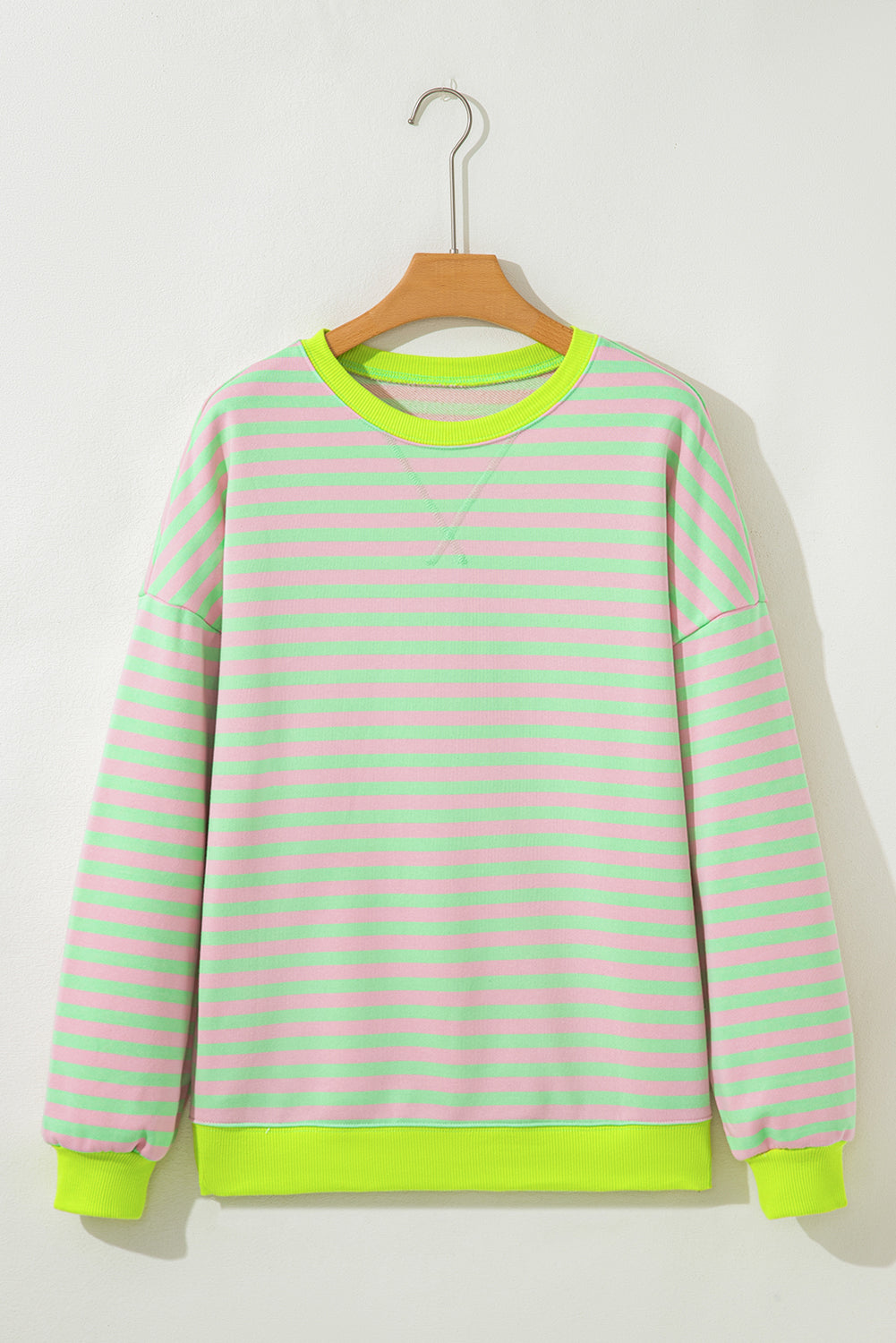 Blue Stripe Contrast Ribbed Trim Crossed Stitch Drop Shoulder Sweatshirt