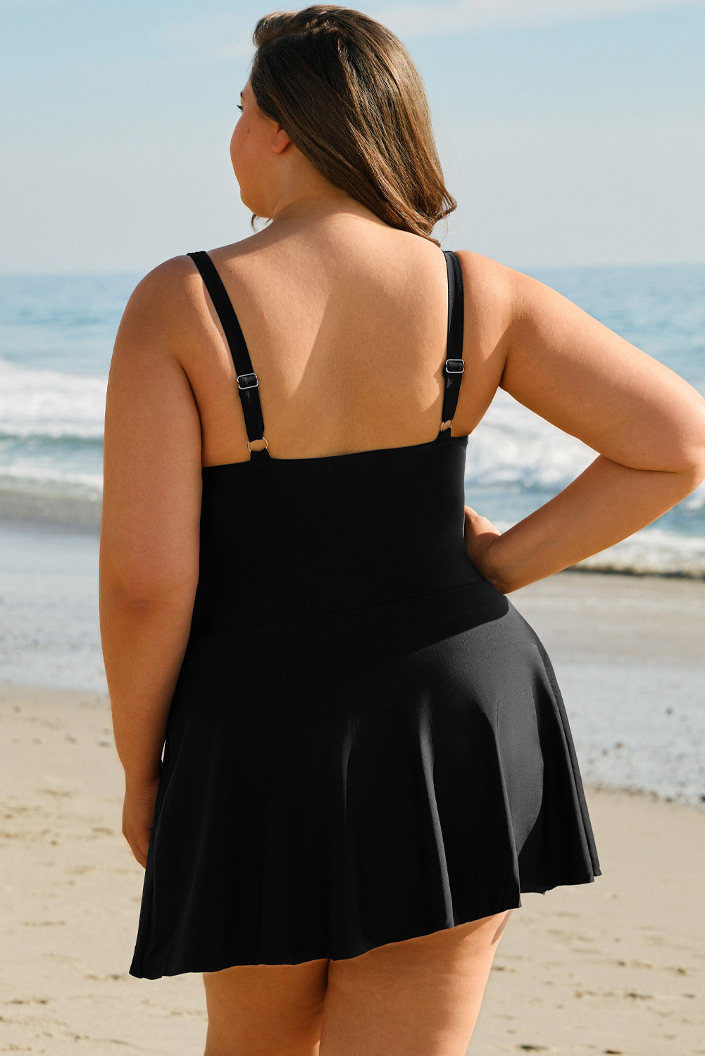 Black Plus Size Solid Pleated Ruffled One Piece Swim Dress