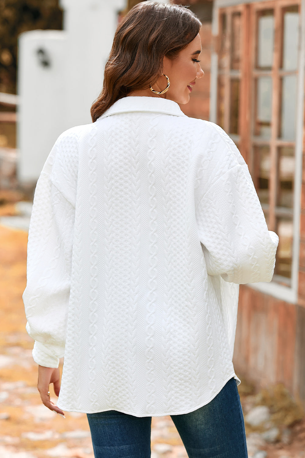 Black Cable Texture Puff Sleeve Loose Shacket