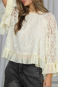 White Sheer Lace Long Sleeve Ruffle Trim Loose Blouse