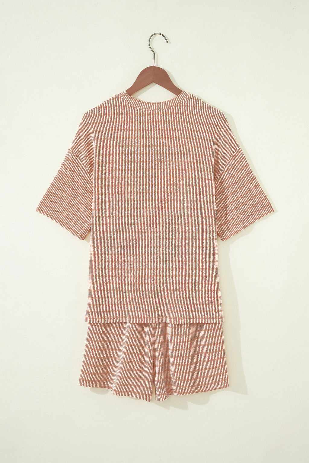 Rose Stripe Raised Rib Loose Tee Drawstring Elastic Waist 2pcs Short Set