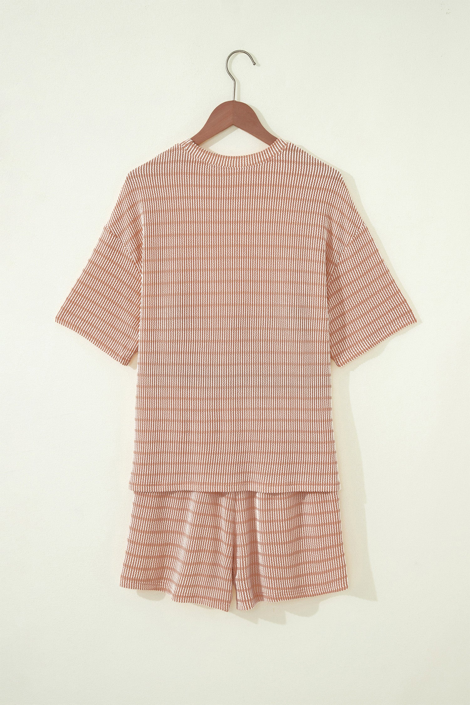 Rose Stripe Raised Rib Loose Tee Drawstring Elastic Waist 2pcs Short Set
