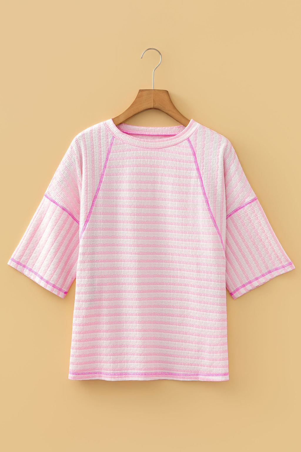 Apricot Stripe Textured Knit Split Hem Half Sleeve Loose Top