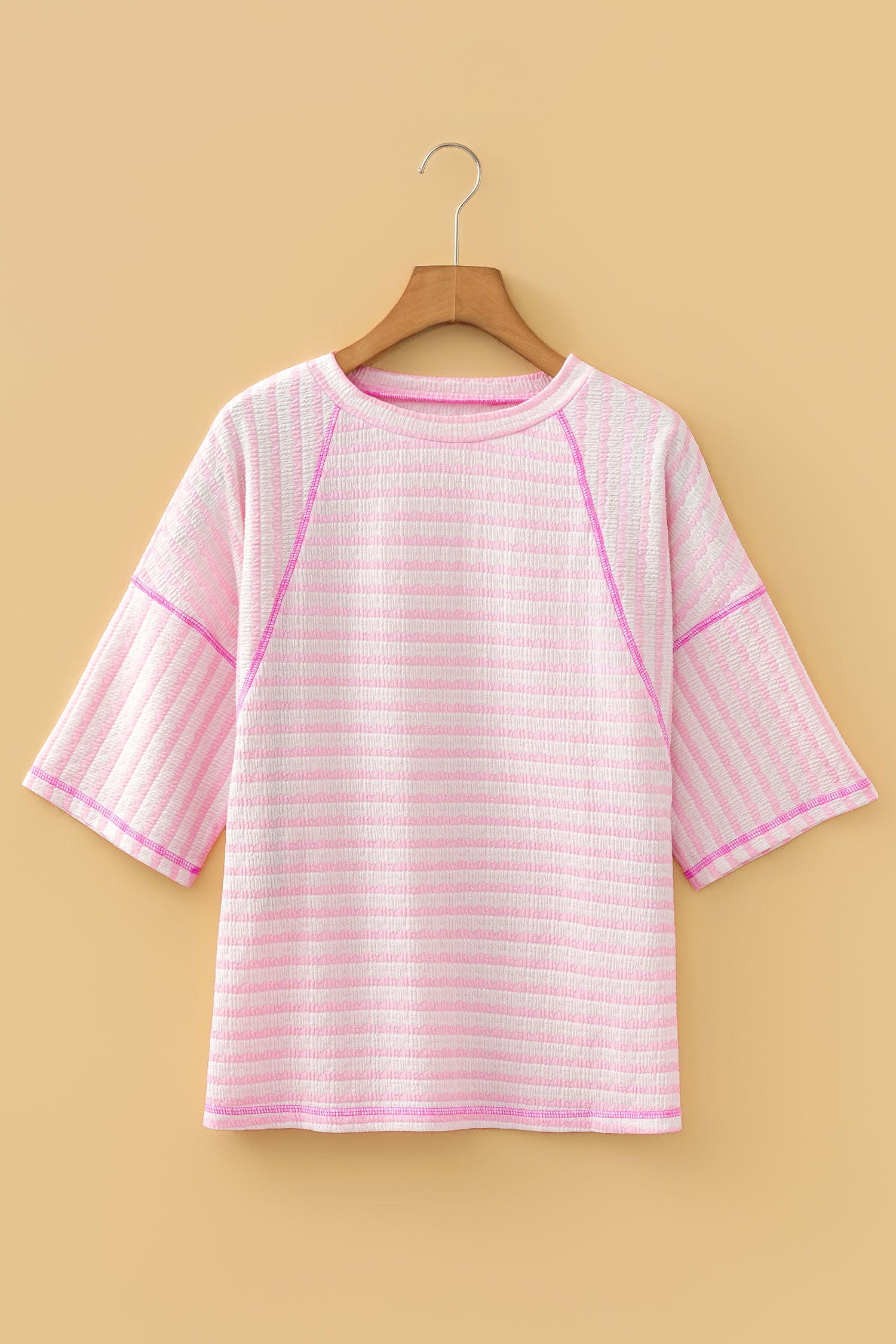 Apricot Stripe Textured Knit Split Hem Half Sleeve Loose Top
