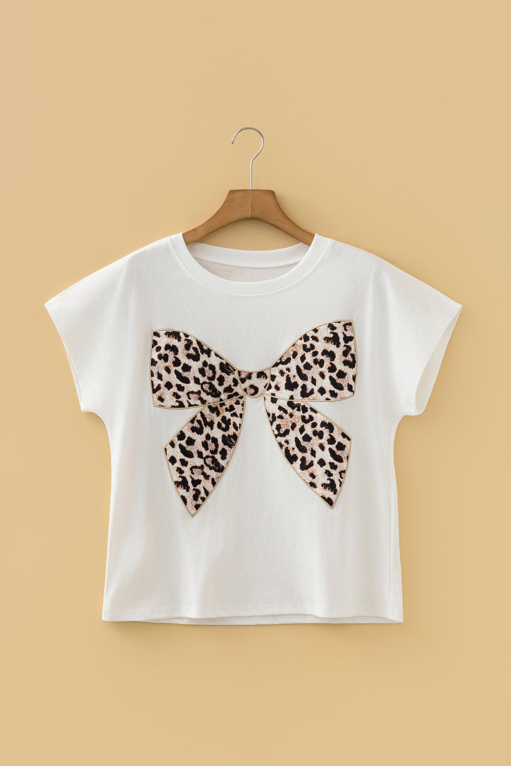 White Leopard Bow Embroidered Cotton Round Neck T Shirt