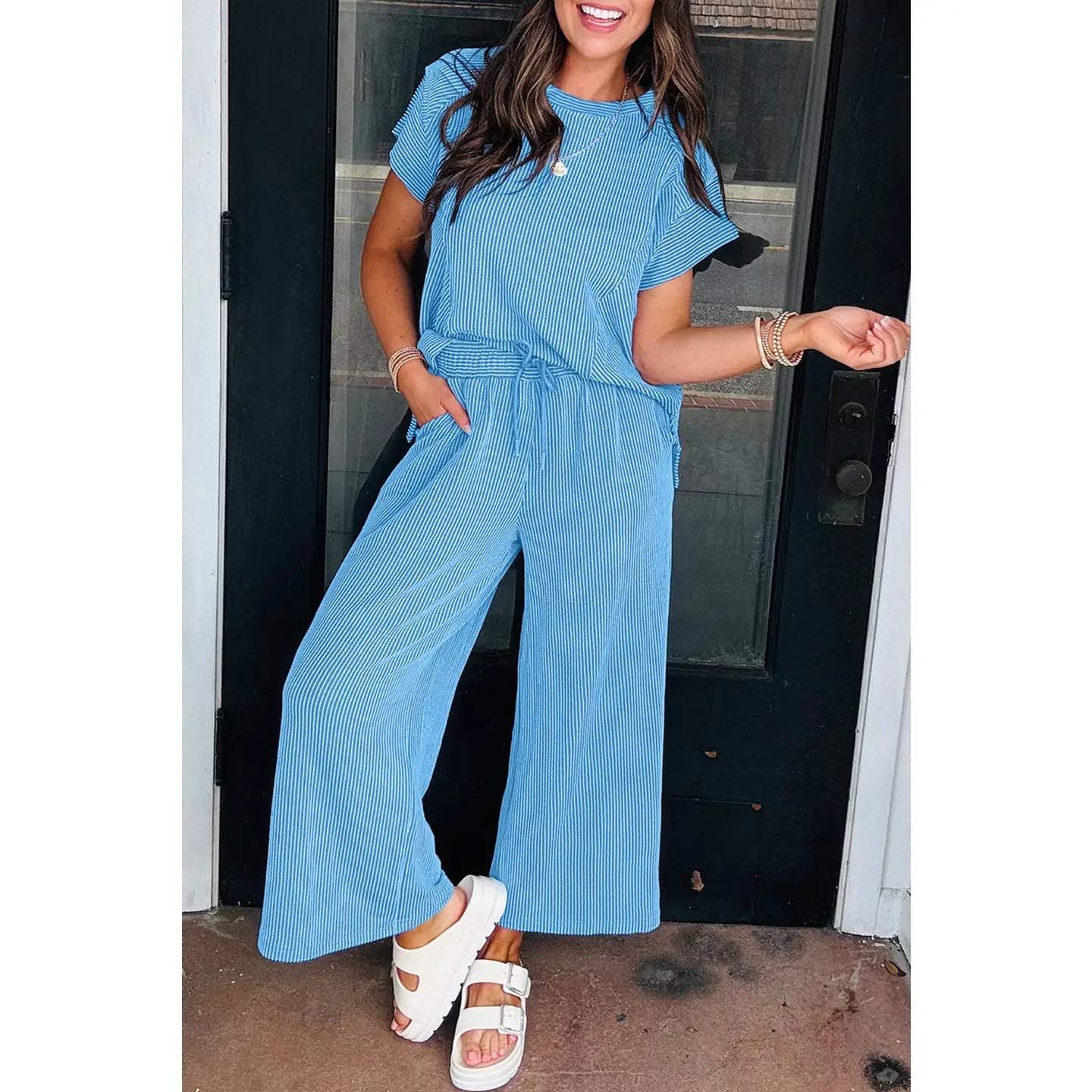 Corded Pant Suit Set, blue