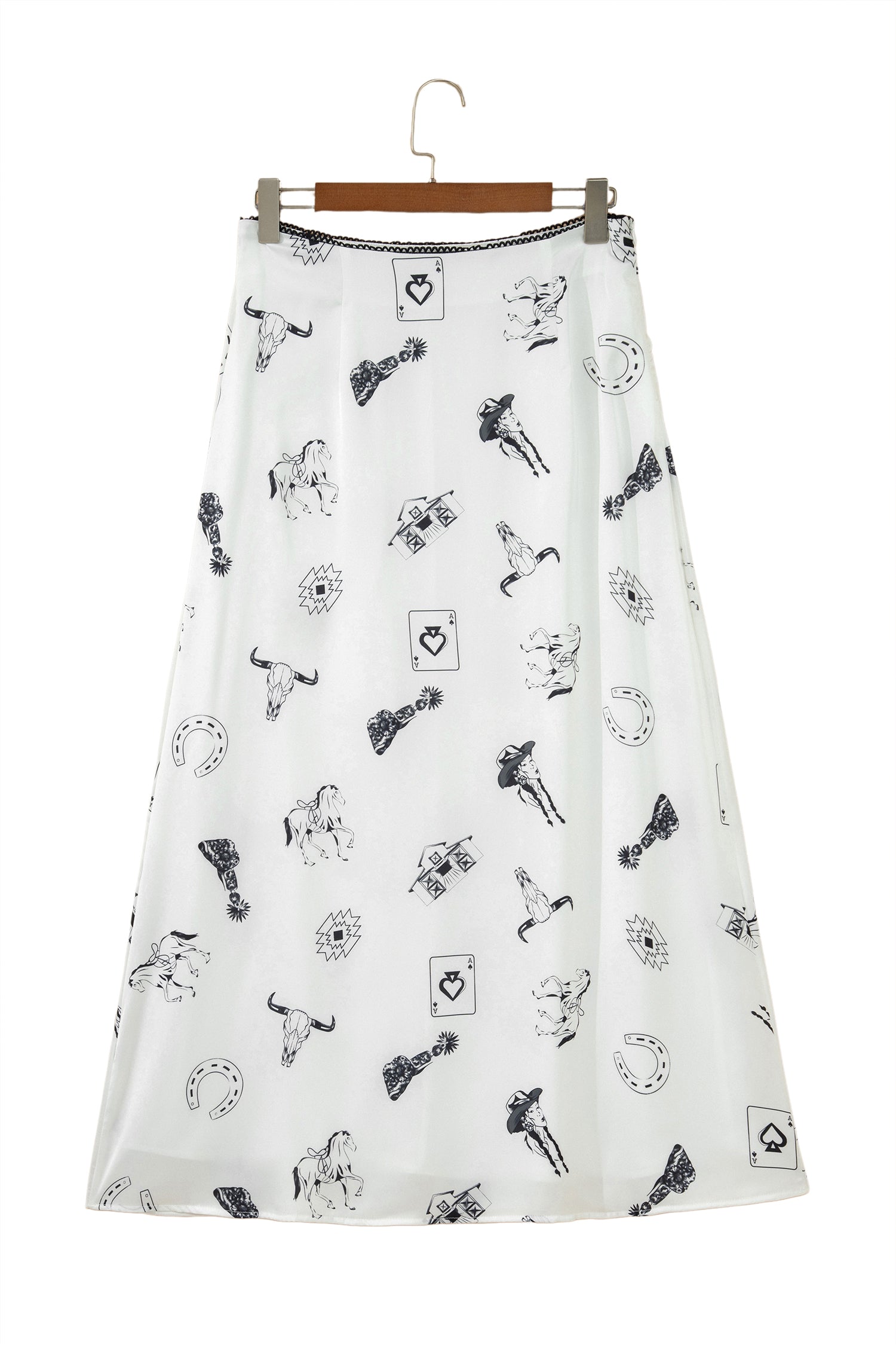 Navy Blue Western Print Satin Long Skirt