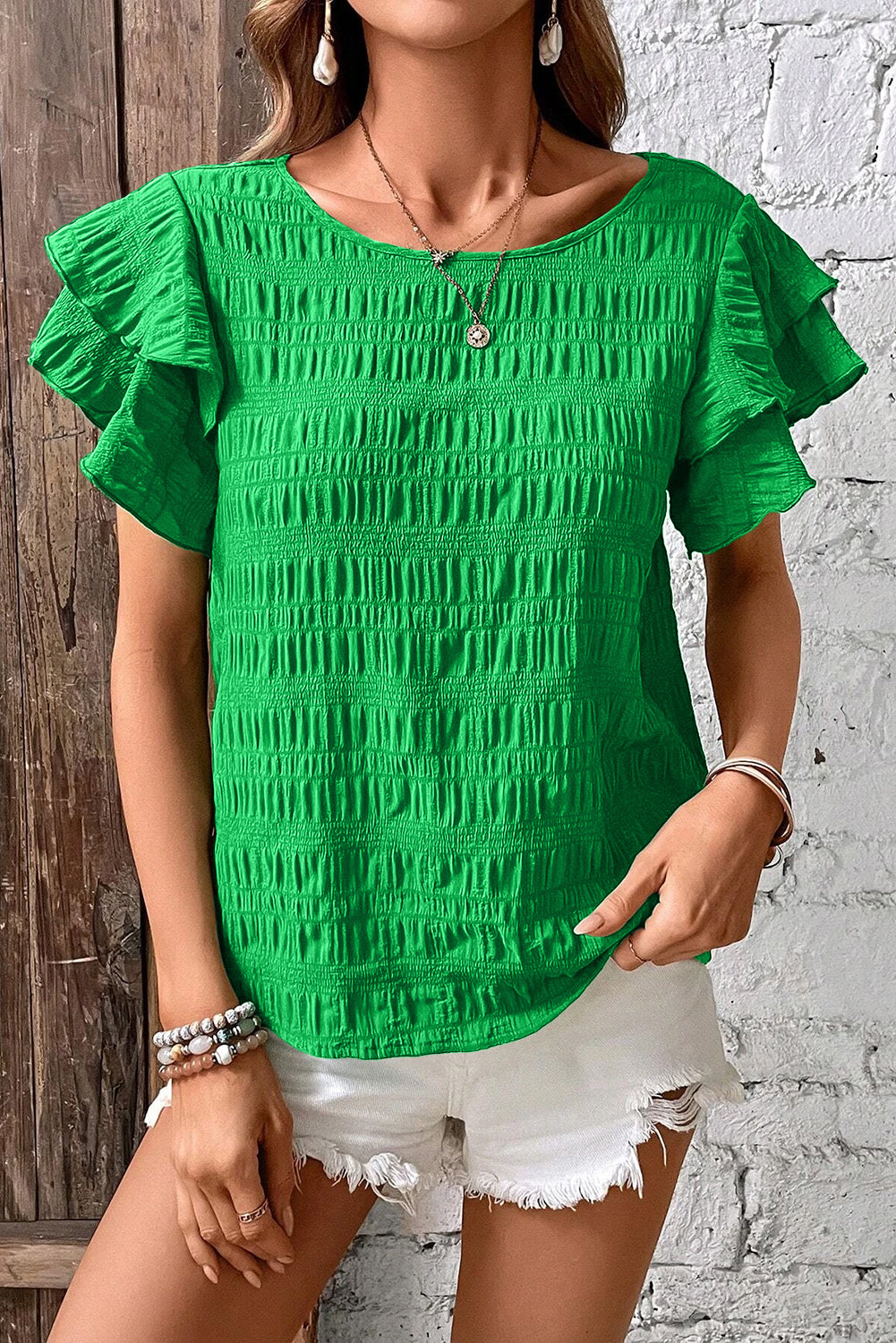 Dark Blue Textured Ruffled Sleeve Round Neck Top
