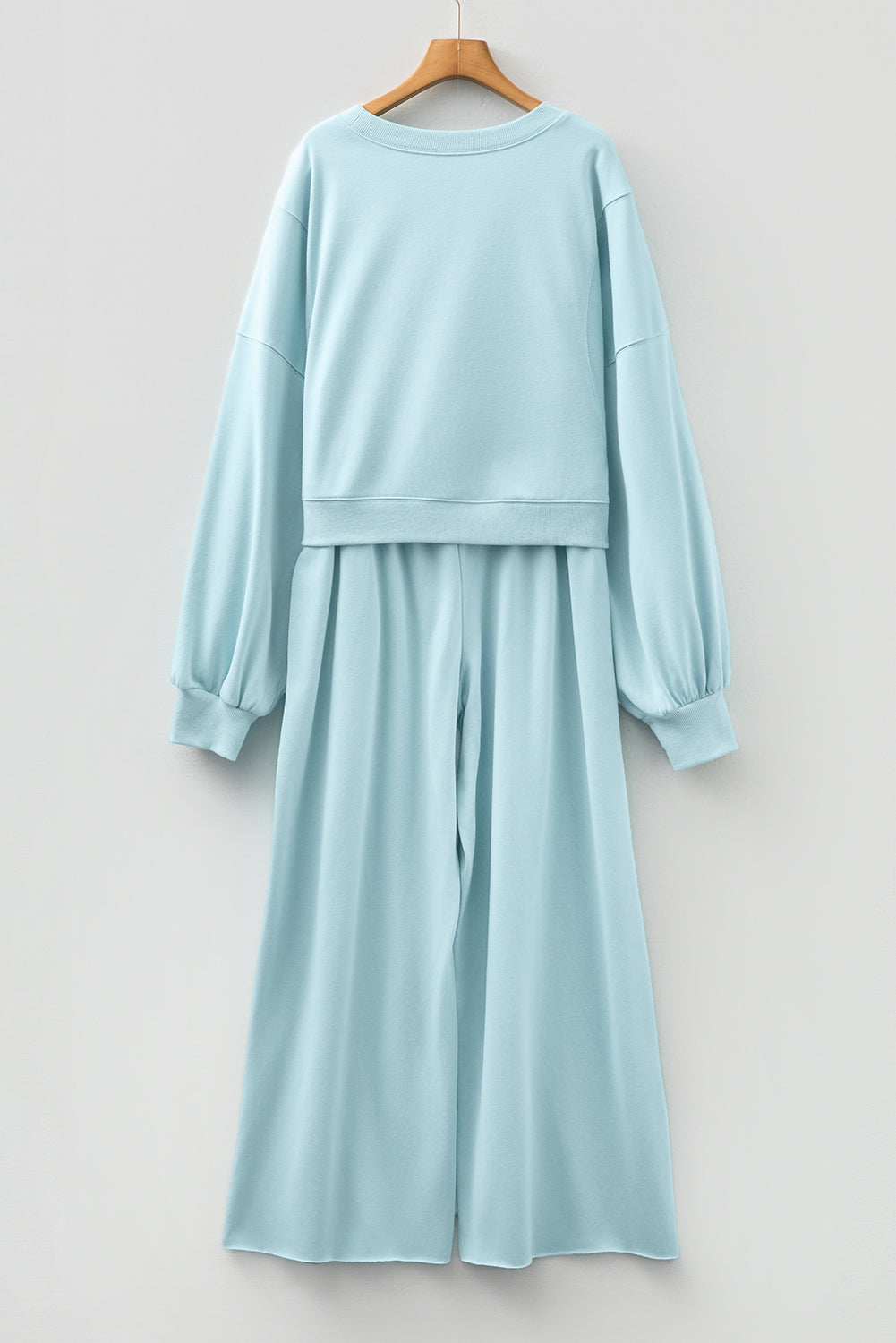 Light Pink Drop Shoulder Puff Sleeve Crop Pullover Drawstring Wide Leg Pants Set