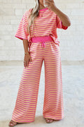 Pink Stripe Colorblock Trim Crew Neck Loose Tee Drawstring Elastic Waist 2pcs Pant Set