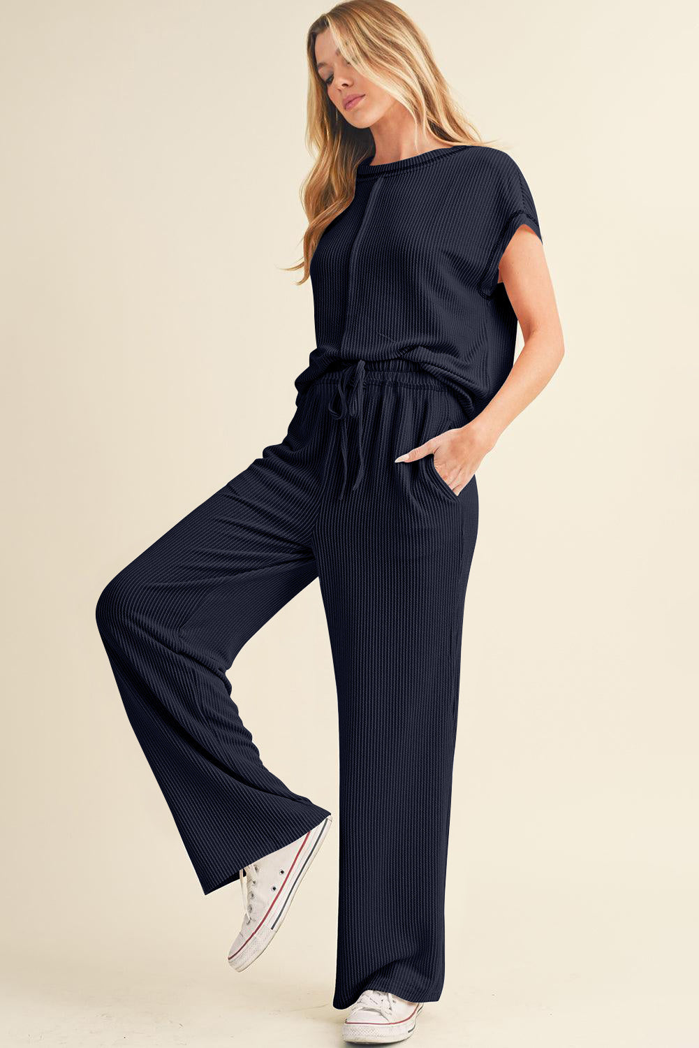 Coffee Solid Color Corded Short Sleeve Top and Casual Pants Set