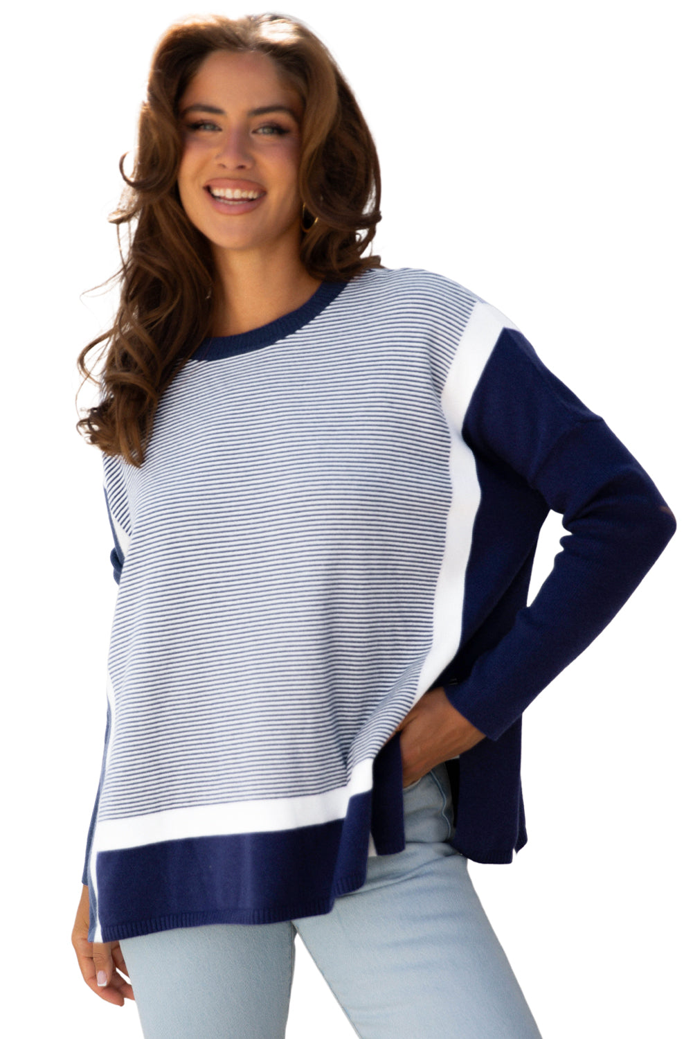 Blue Stripe Color Block Patchwork Dolman Oversize Tunic Sweater
