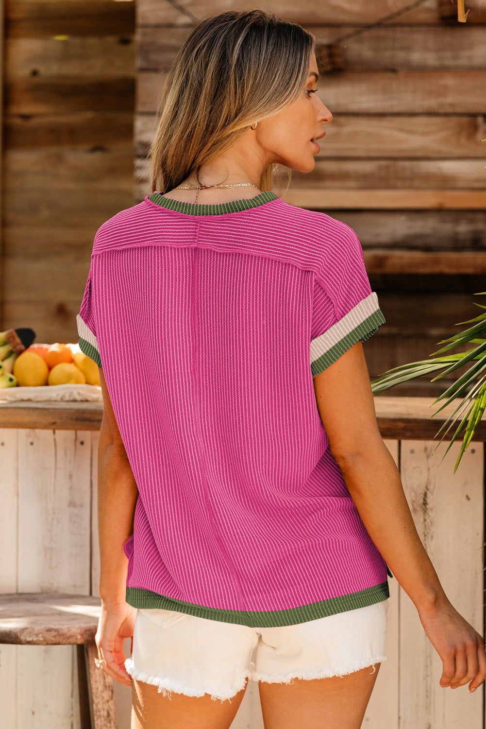 Rose Red Textured Contrast Trim Round Neck T Shirt