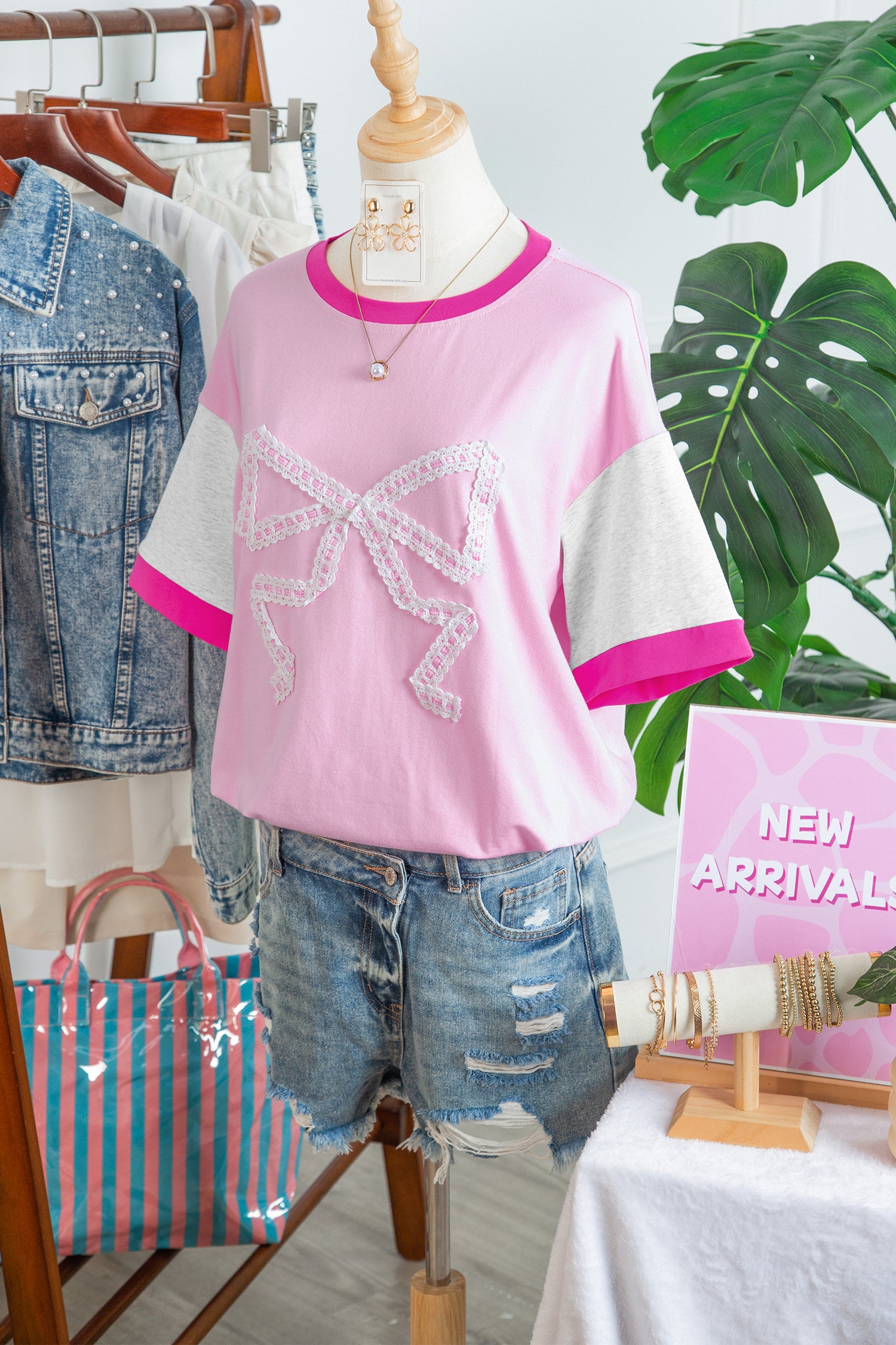Gossamer Pink Embroidered Bow Detail Color Block Loose Tee