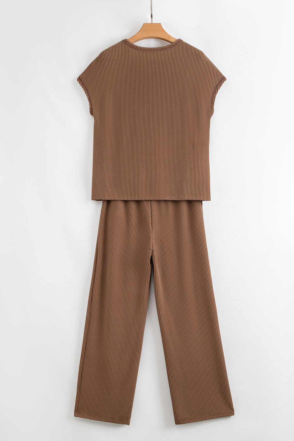 Coffee Solid Color Corded Short Sleeve Top and Casual Pants Set
