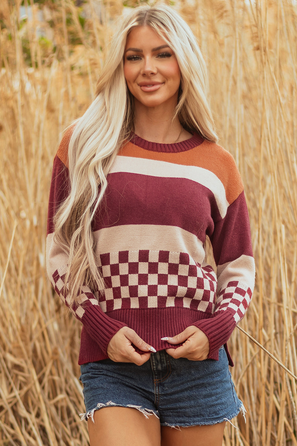 Brown Checkered Color Block Knitted Drop Shoulder Sweater
