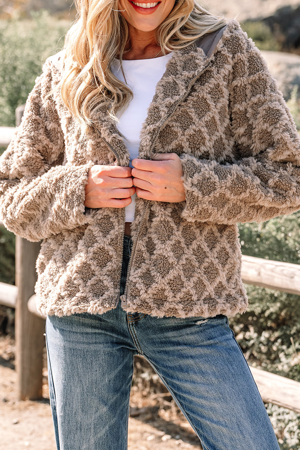 Chestnut Sherpa Rhombus Zip Up Side Pocket Hooded Jacket