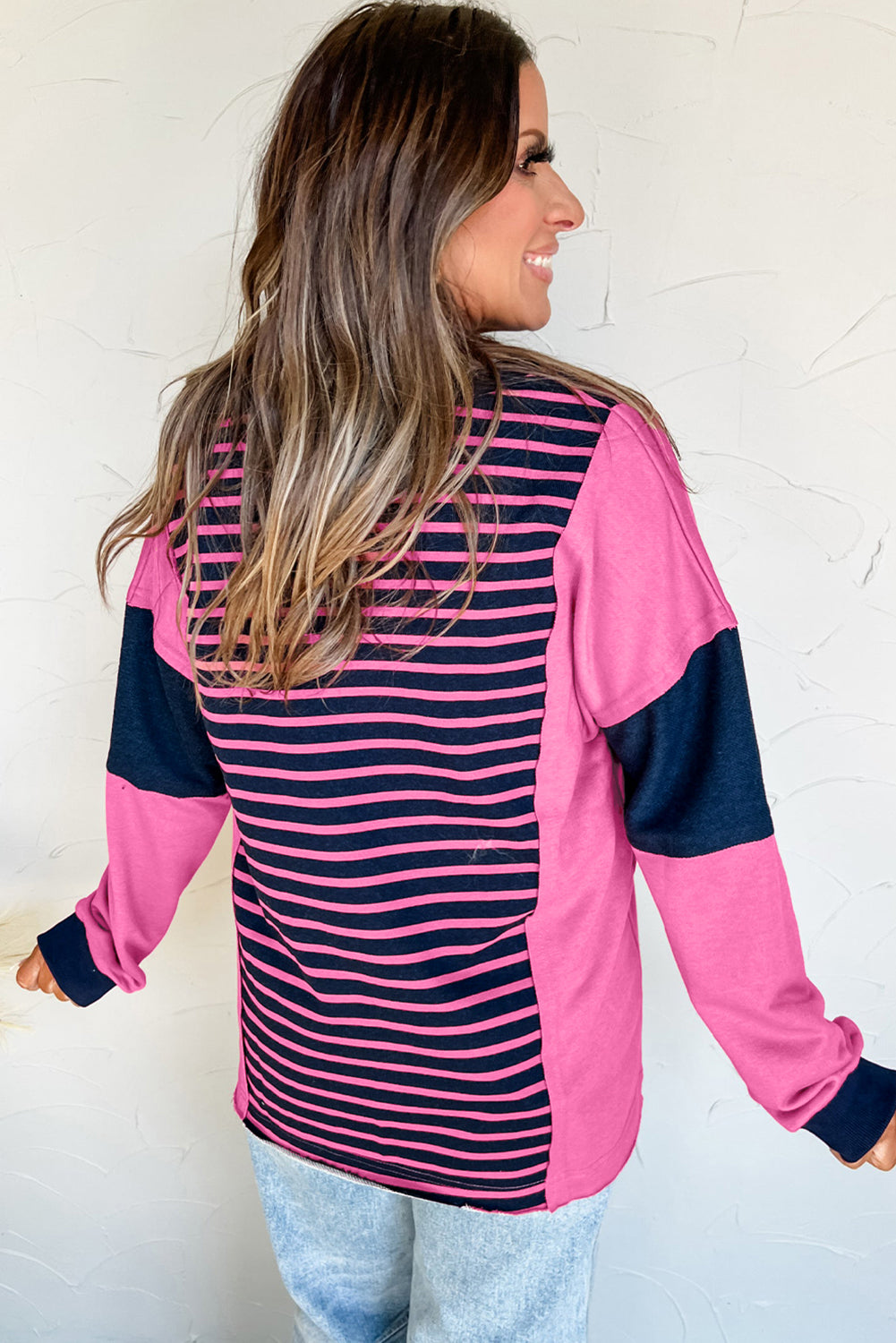 Pink Stripe Color Block V Neck Loose Fit Long Sleeve Top