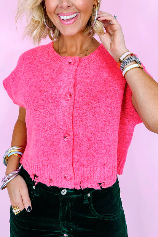 Bright Pink Distressed Hem Short Sleeve Knitted Button Front Sweater