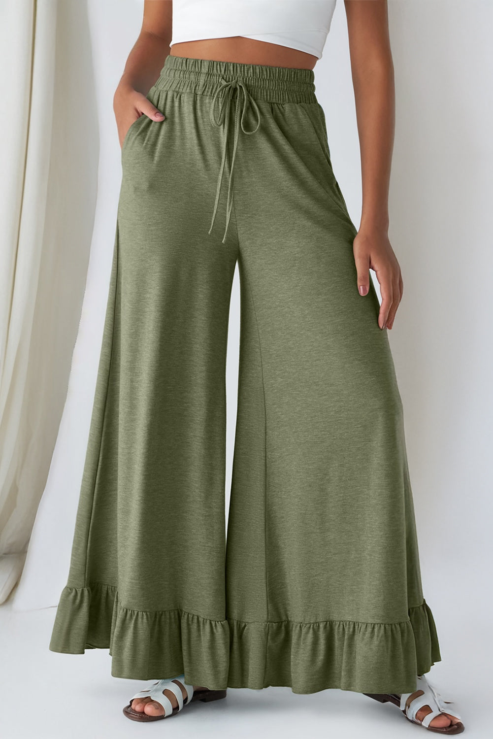 Medium Grey Ruffled Wide Leg Pull On High Waist Pants with Pockets