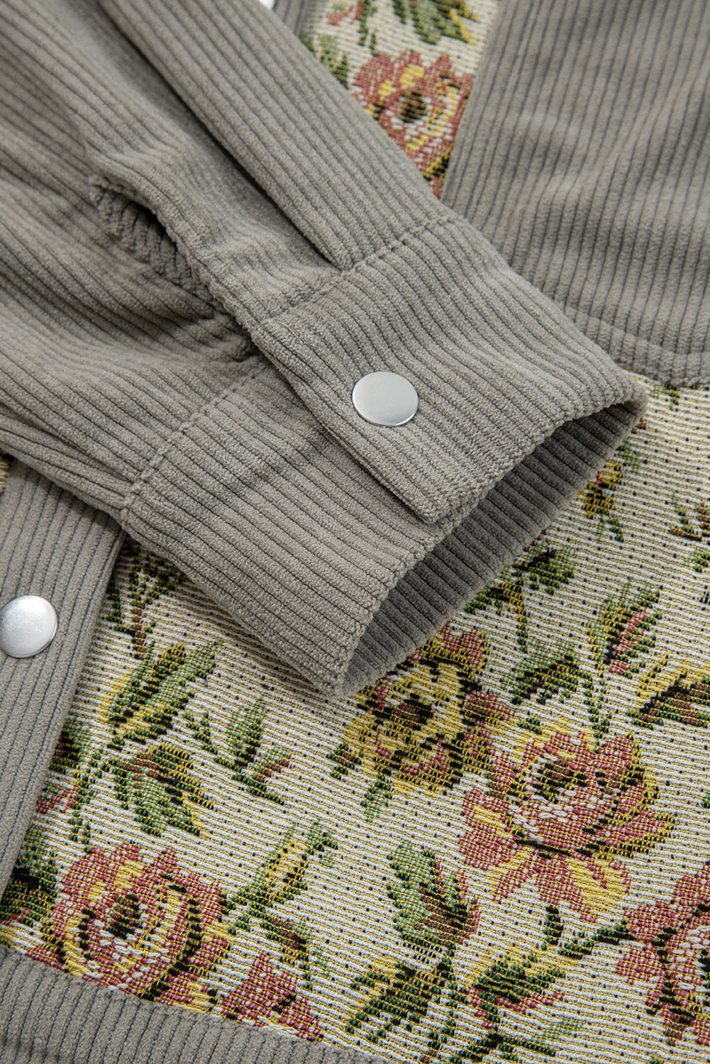 Medium Grey Ribbed Retro Floral Patchwork Shirt Style Jacket