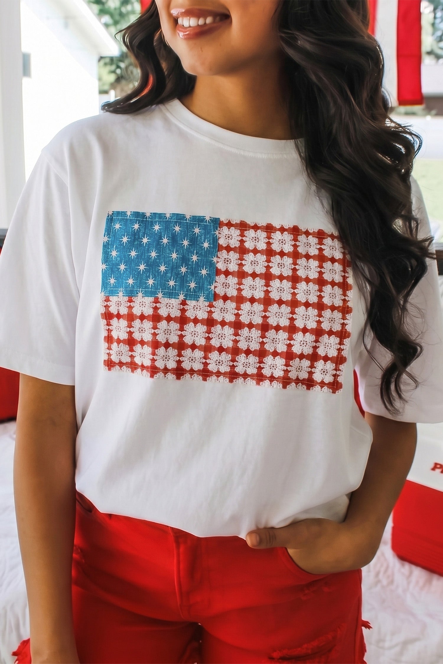 White Fancy Embroidered Patch Flag Casual T Shirt
