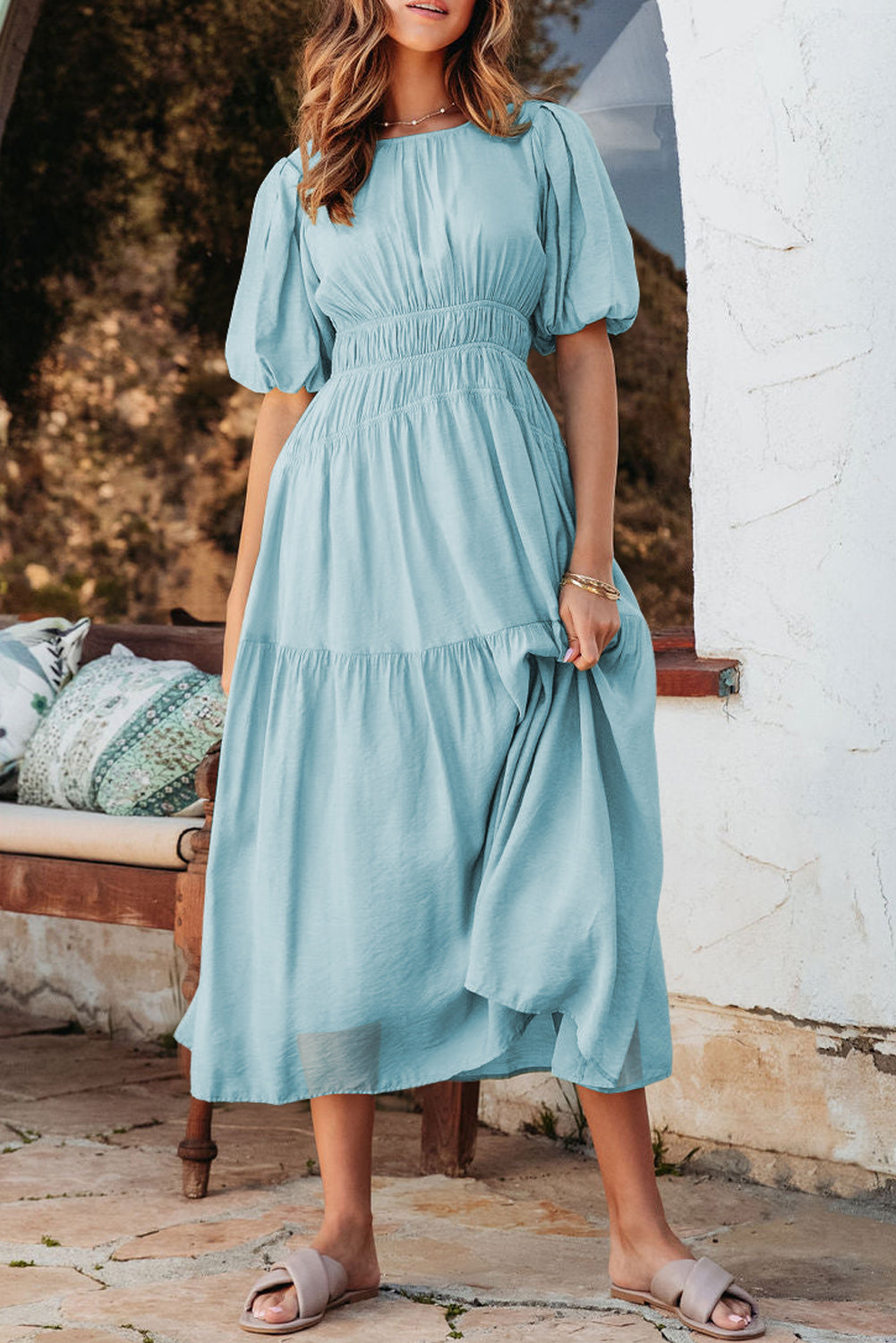 Pink Puff Sleeve Pleated High Waist Flowy Long Dress