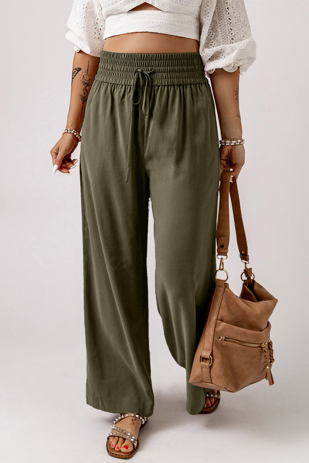 Blue Drawstring Elastic Waist Casual Wide Leg Pants