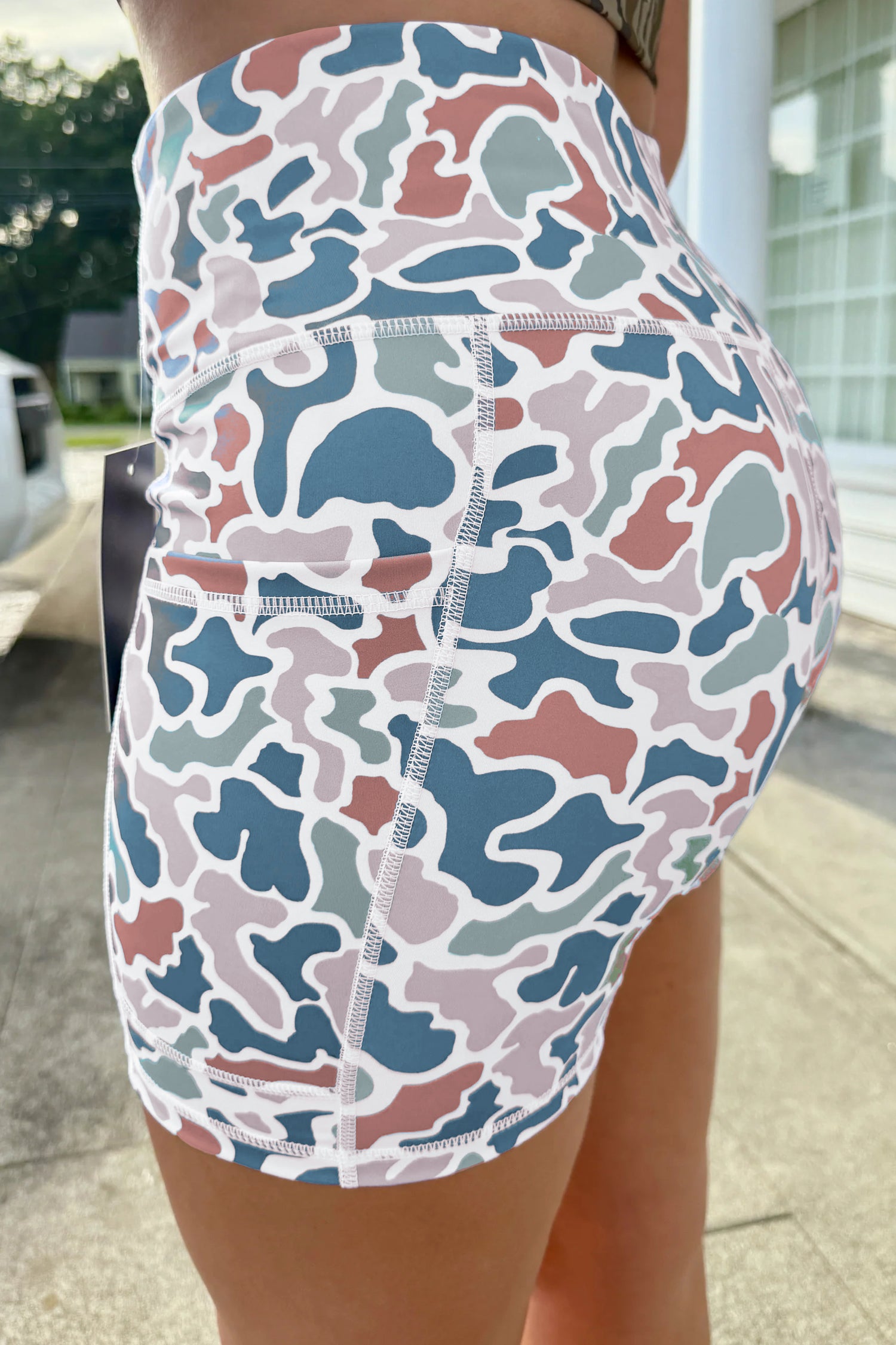 Sky Blue Abstract Camo Printed Seam Detail Biker Shorts