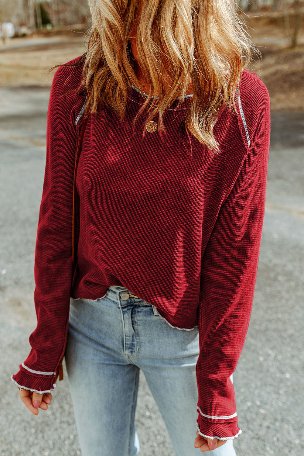 Gray Textured Round Neck Long Sleeve Top