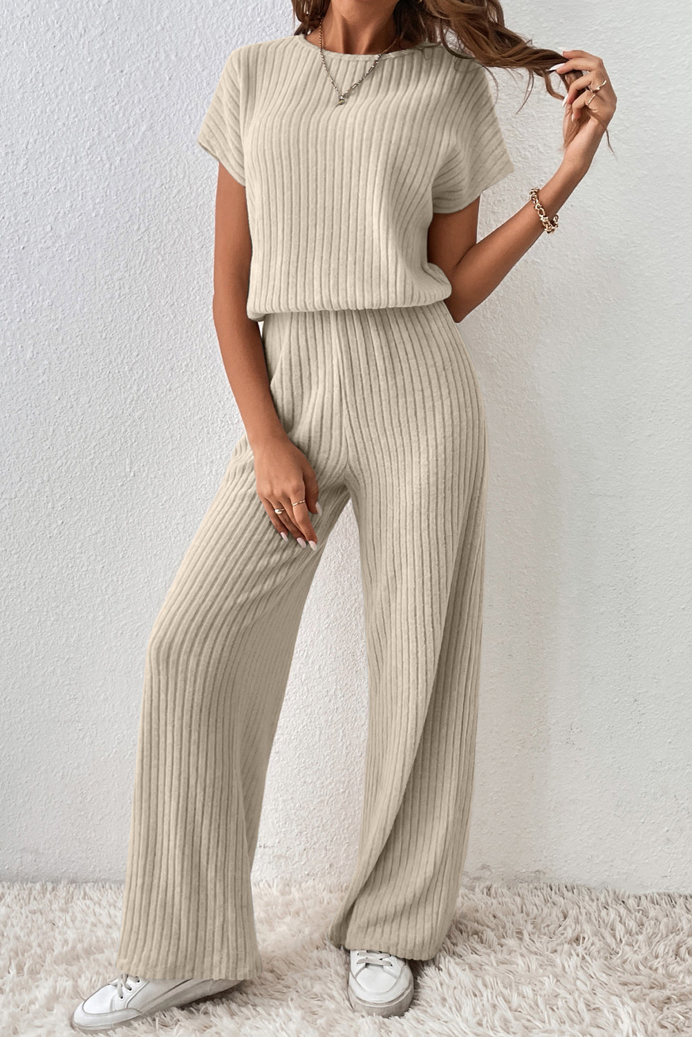 Dark Grey Ribbed Keyhole Short Sleeve Wide Leg Jumpsuit