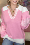 Pink Contrasting Polo Collar Color Block Knit Drop Shoulder Sweater