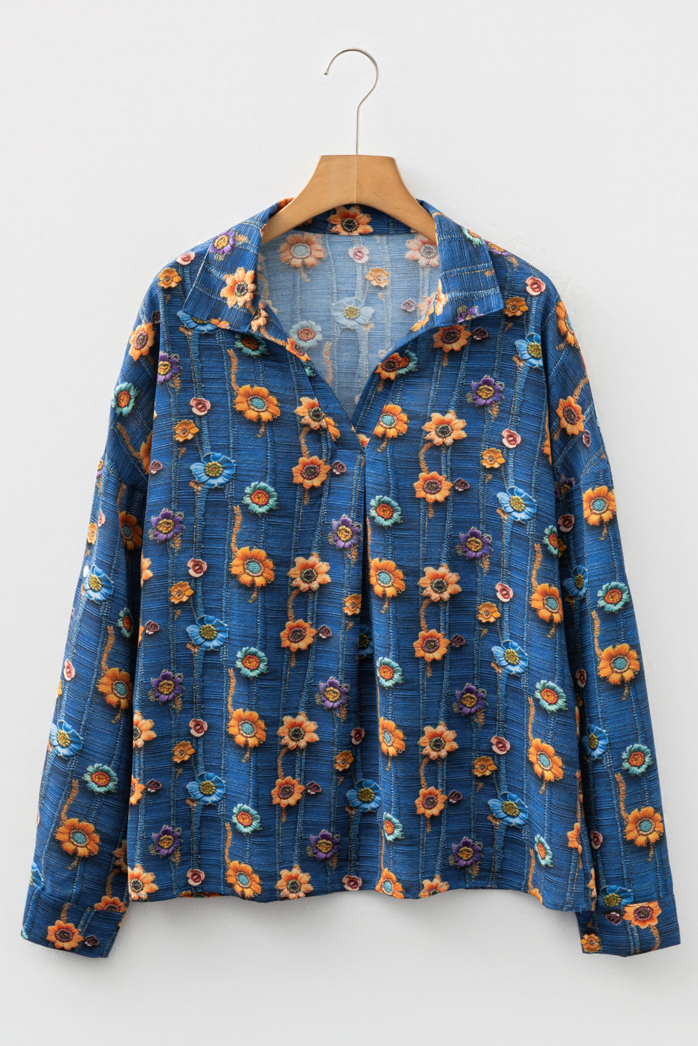 Sky Blue Floral Collared V Neck Roll up Sleeve Shift Blouse
