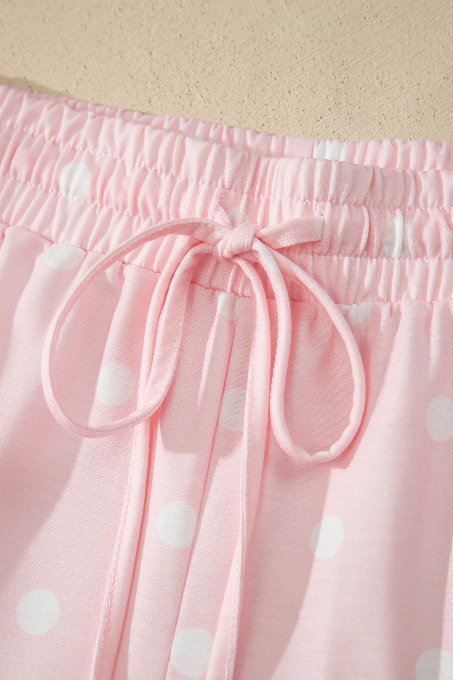 Pink Exposed Seam Detail Polka Dot Loose Tee Drawstring Shorts Set