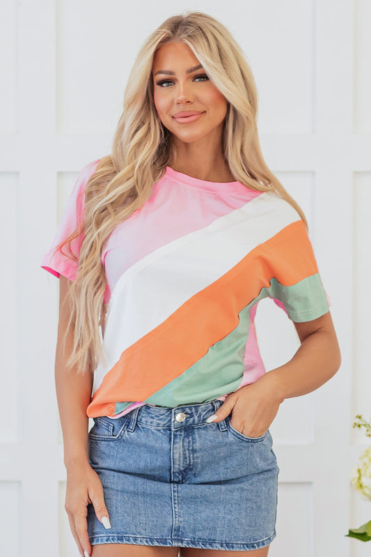 Pink Color Block Patchwork Seamed Crewneck T Shirt