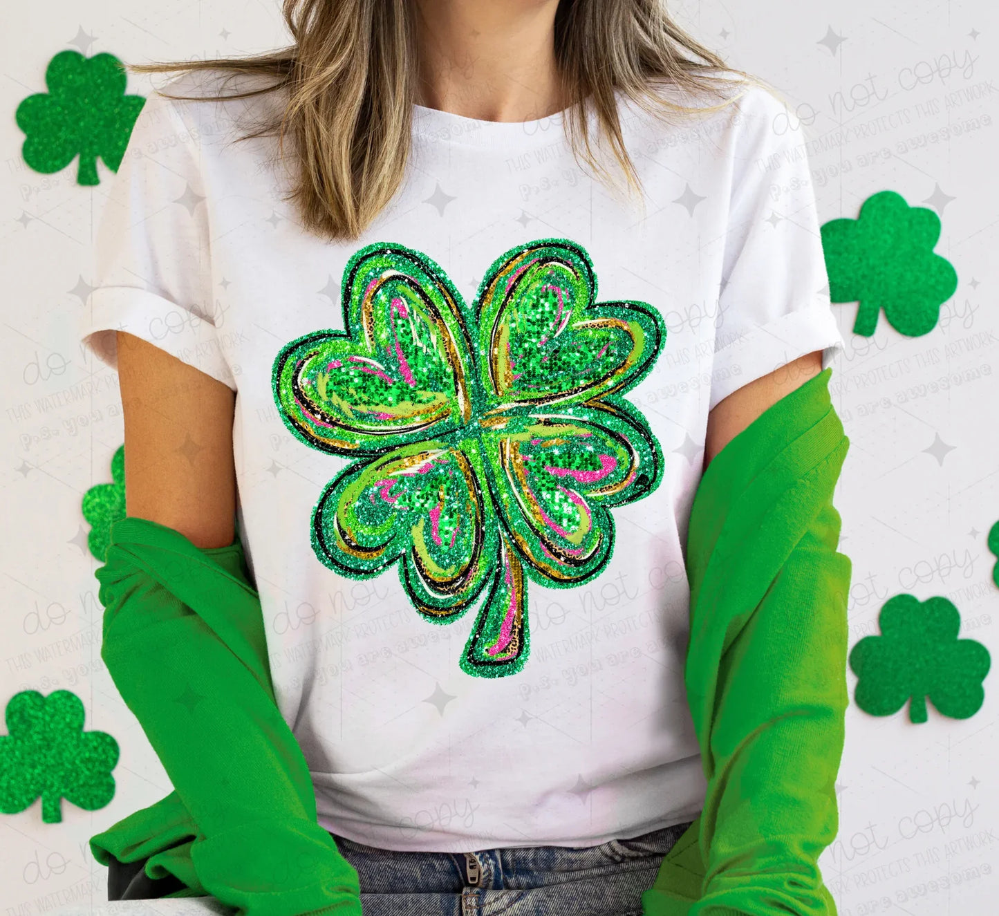 Faux Glitter Shamrock Completed Tee