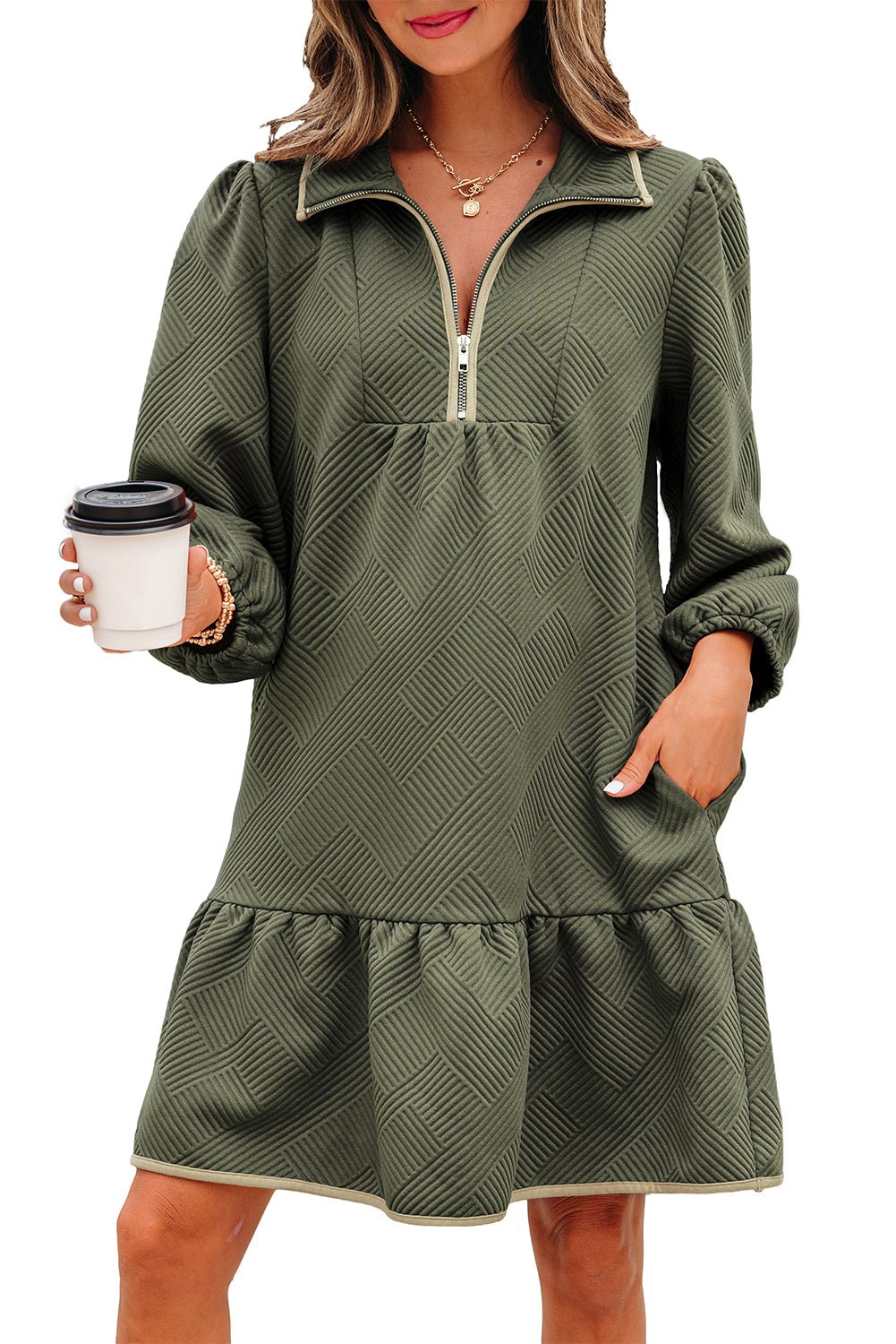 Desert Gold Quarter Zip Collar Bracelet Sleeve Textured Mini Dress