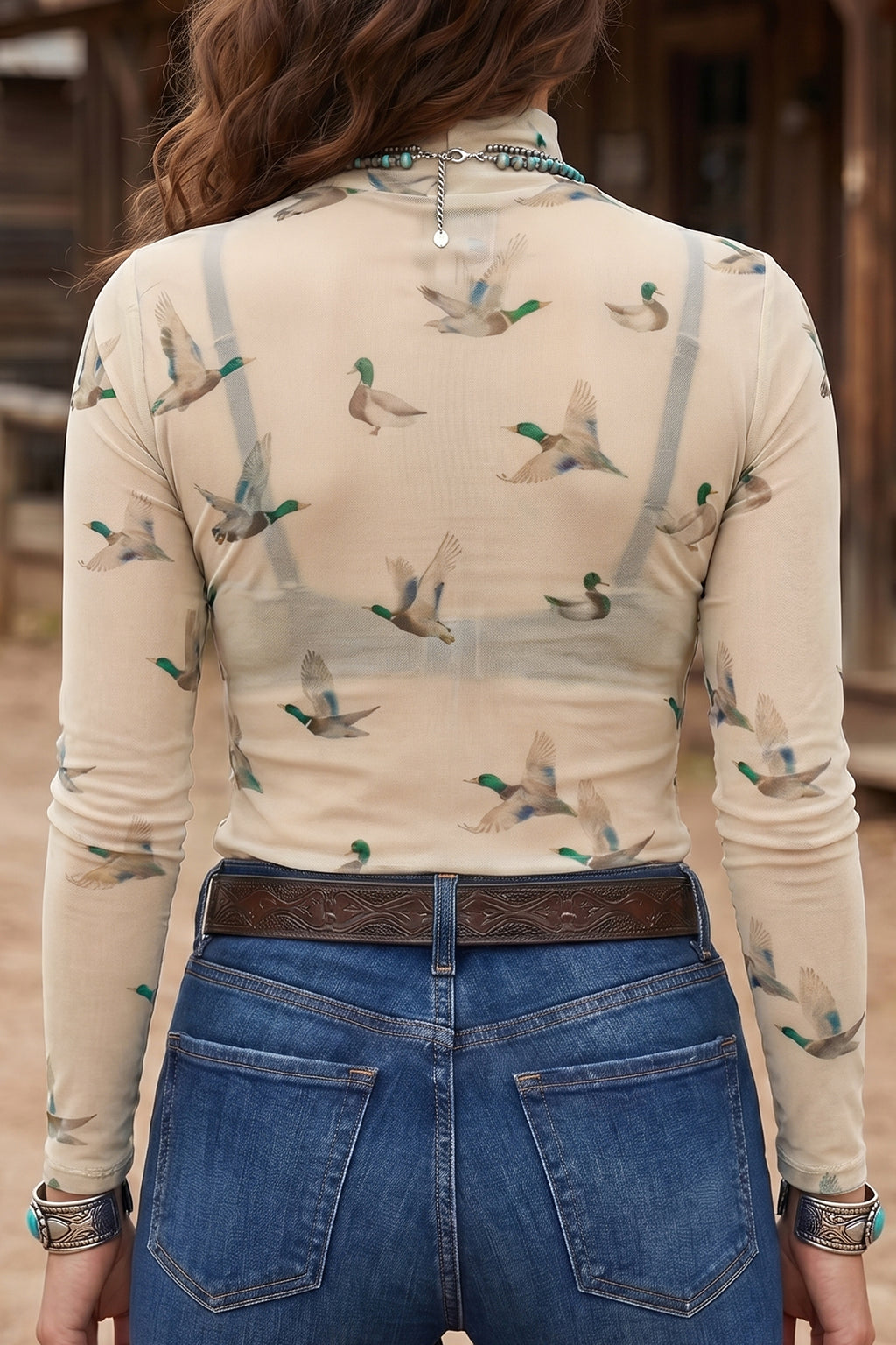 Beige High Neck Western Print Mesh Sheer Long Sleeve Top