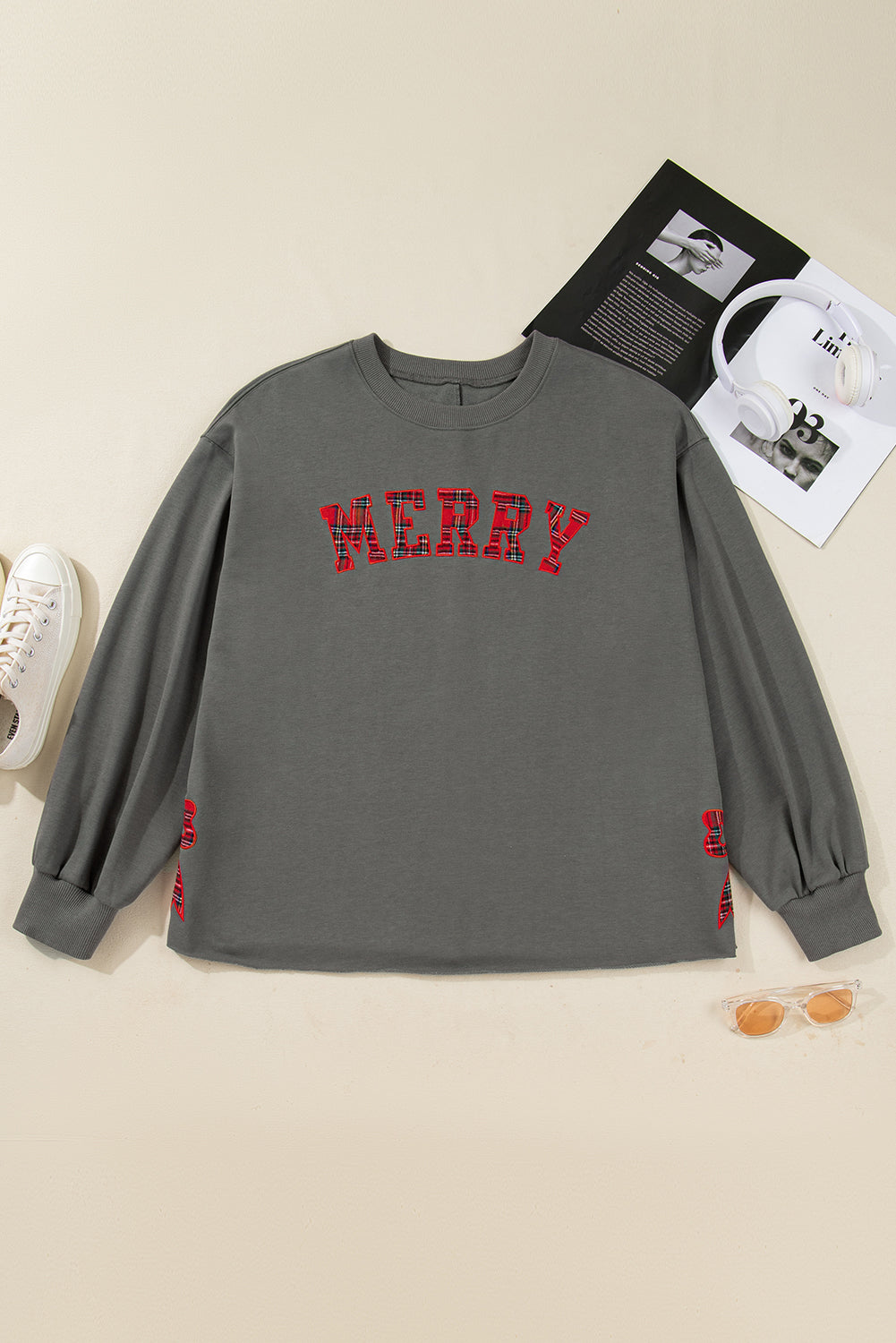 Medium Grey Plaid MERRY Bow Embroidered Plus Size Sweatshirt with Side Slits