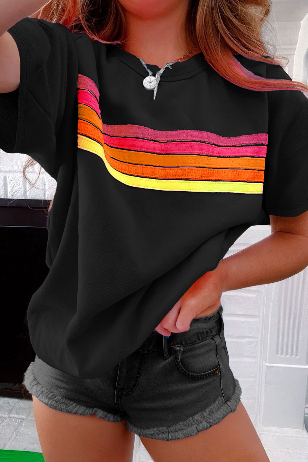 Black Striped Patch Front Casual Tee