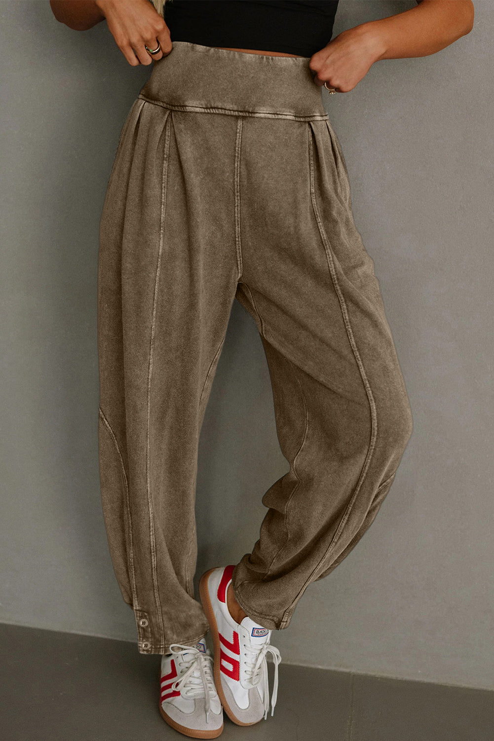 Medium Grey Mineral Wash Jogger Style High Waist Casual Pants