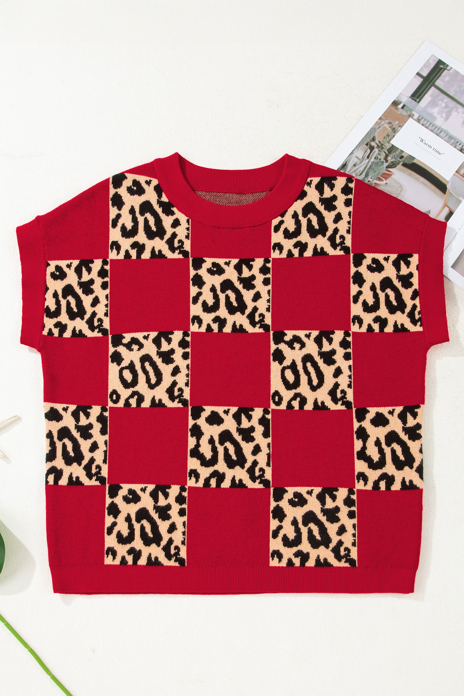 Rose Red Leopard Checkerboard Short Sleeve Knit Sweater