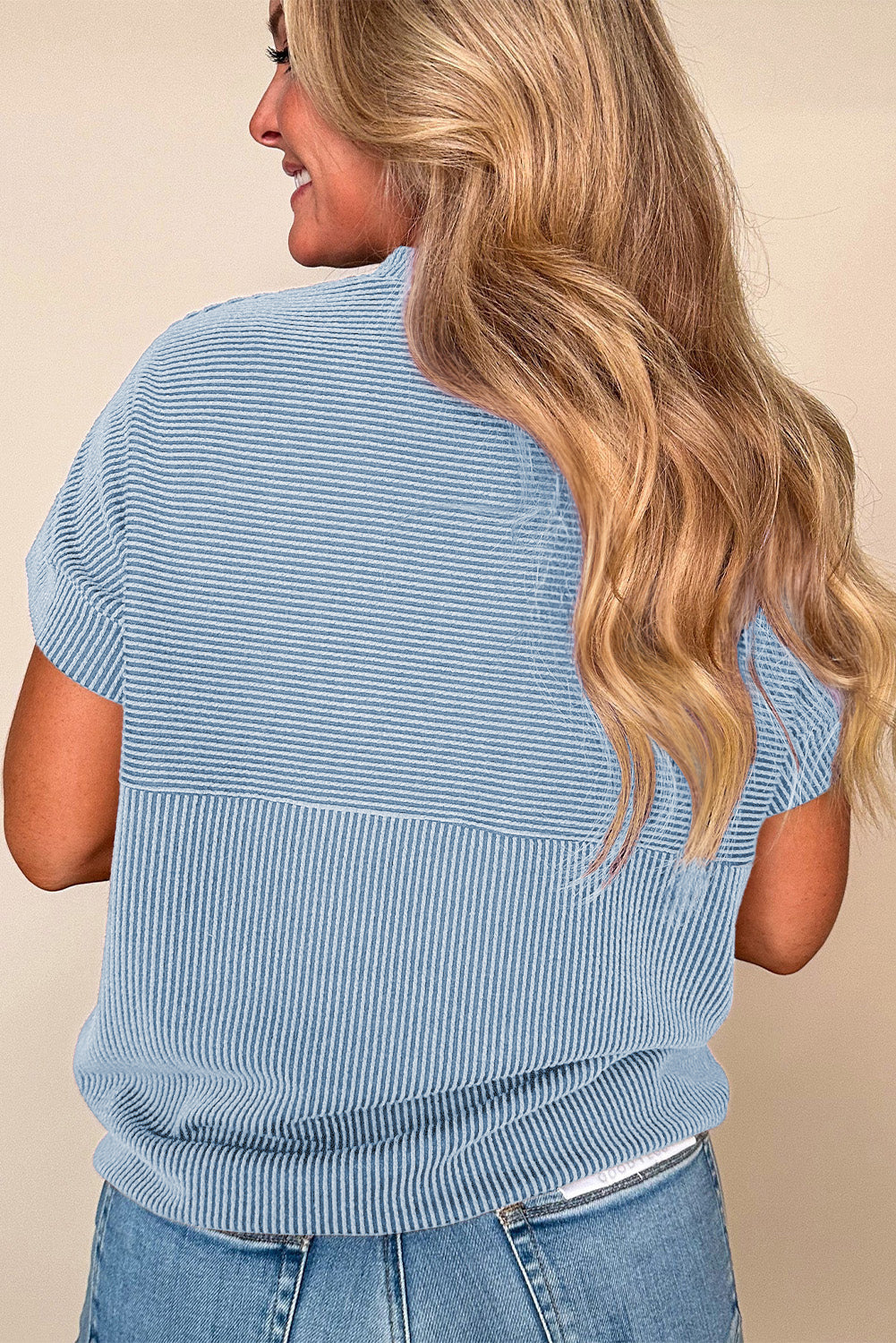 Bright Pink Plain Corded Knit Mock Neck T Shirt