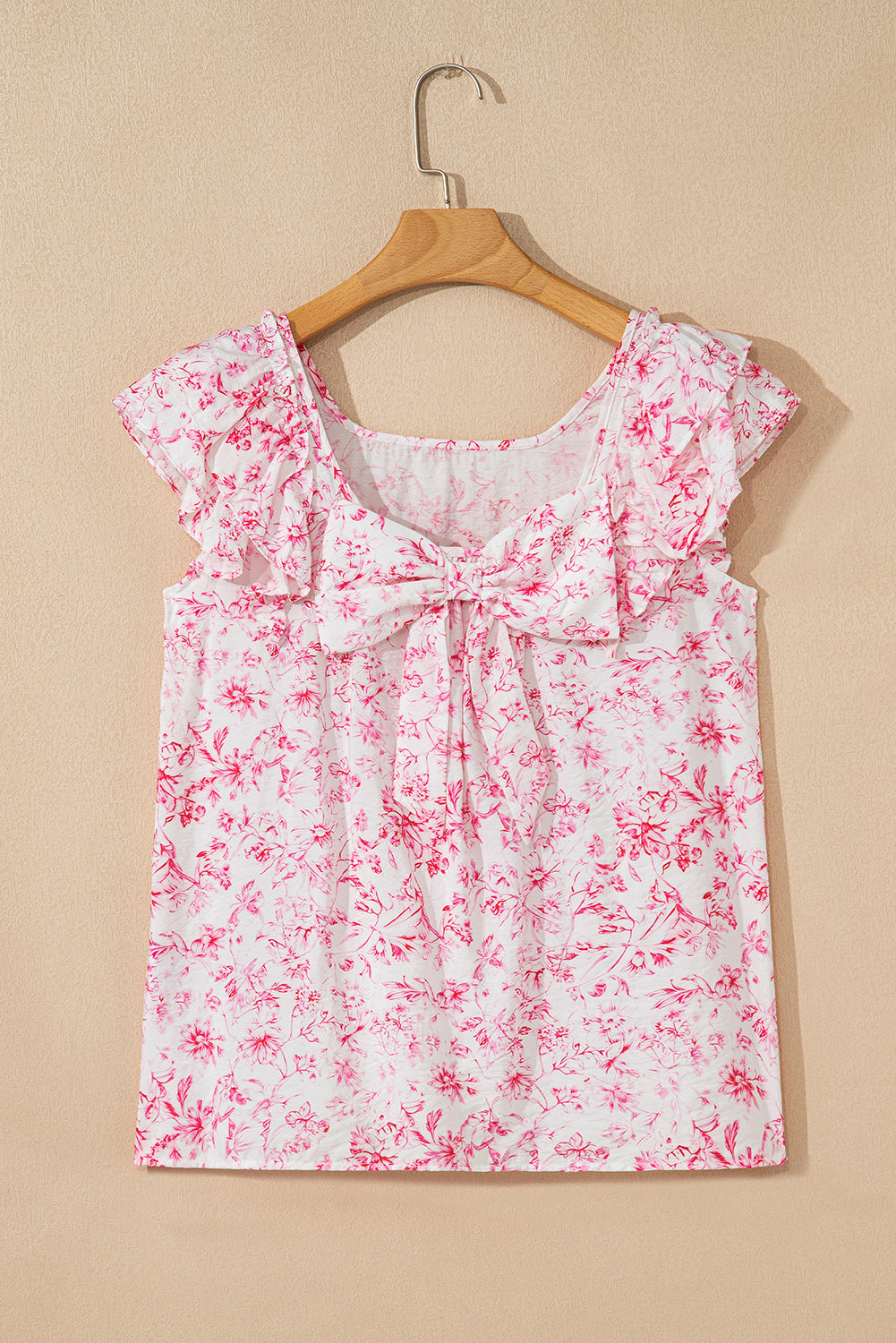 Pink Floral Ruffled Short Sleeve Bow Back Square Neck Blouse