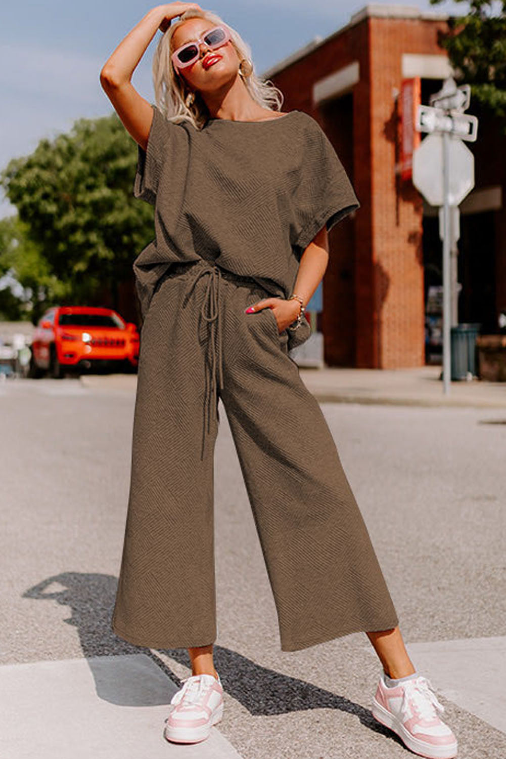 Strawberry Pink Textured Loose Fit T Shirt and Drawstring Pants Set